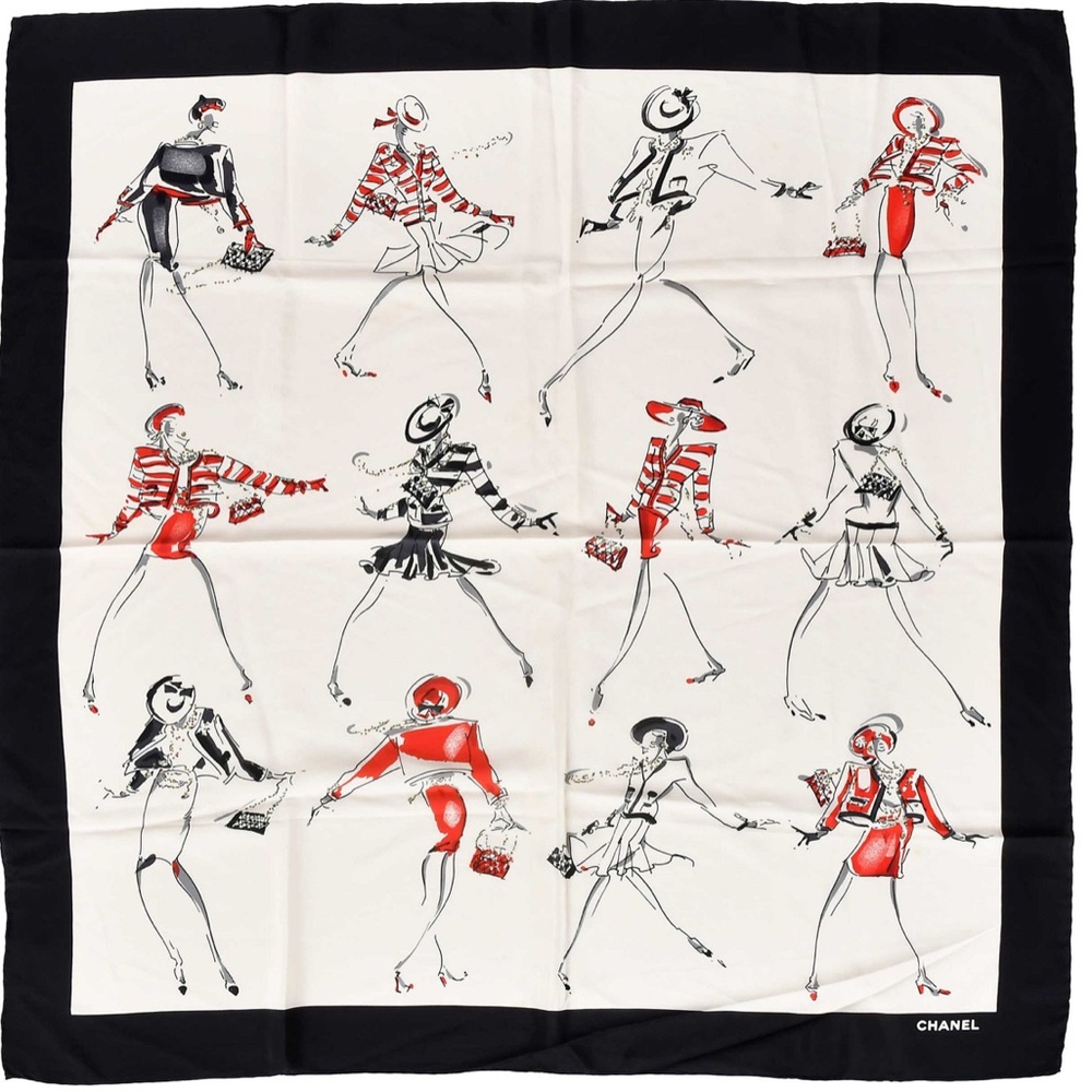 CHANEL Black and Red Fashion Illustration Scarf